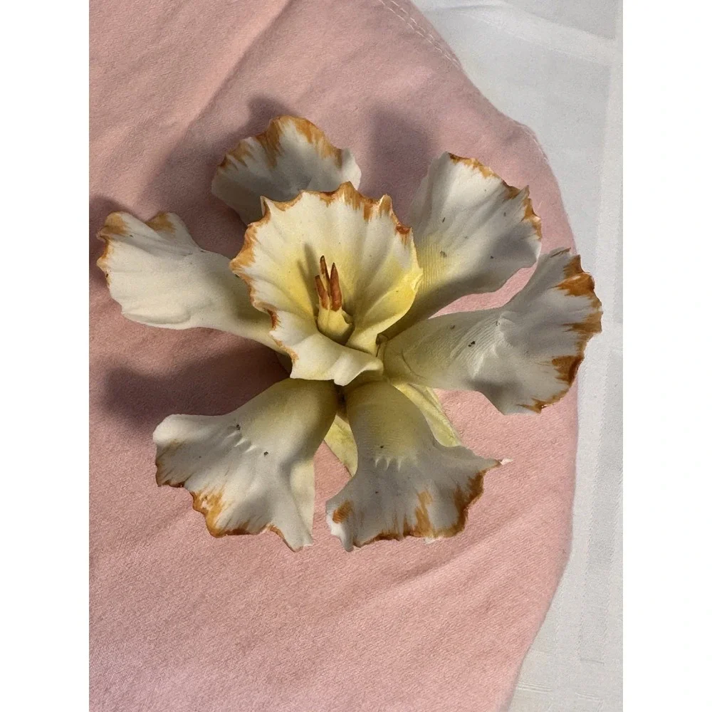2 Vintage Capodimonte Porcelain Orchid Flower Delicate Bisque Yellow & White